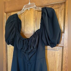 Black Formal Dress Size XL: Square Neckline~Lined~Short Sleeves~Full Skirt~Slit